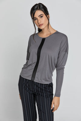 CONQUISTA FASHION - Original Dark Grey Top With Faux Leather Detail