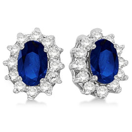 Original Oval Blue Sapphire & Diamond Accented Earrings 14k White Gold (2.05ct)