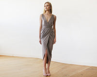 BLUSHFASHION - Original Taupe Wrap Tulip Dress With v Neckline #1154