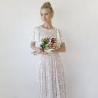 BLUSHFASHION - Original Lace Ivory Flutter Sleeve Dress , With a Separate Blush Underlining Dress  #1368