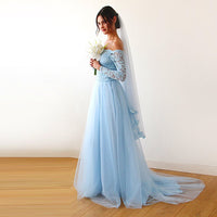 BLUSHFASHION - Original Light Blue  Off-The-Shoulder Dress  Train   #1162