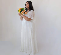 BLUSHFASHION - Original Curvy Ivory Square Neckline, Bohemian Butterfly Sleeves Dress #1322