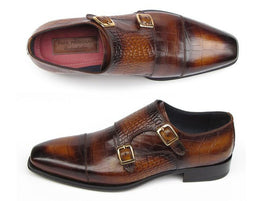 Paul Parkman Men's Brown Crocodile Embossed Calfskin Double Monkstrap (ID#045-APR-BRW)