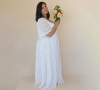 BLUSHFASHION - Original Curvy Ivory Square Neckline, Bohemian Butterfly Sleeves Dress #1322