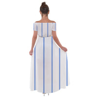 SHARON TATEM LLC - Original Blue Stripes Off Shoulder Open Front Chiffon Dress