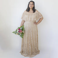 BLUSHFASHION - Original Champagne Ruffled Crinkle Off-Shoulder Wedding Dress #1327