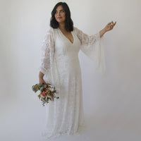 BLUSHFASHION - Original Curvy  Lace Ivory Bridal Kaftan With Fringe ,Bat Sleeves Lace Wedding Dress #1328