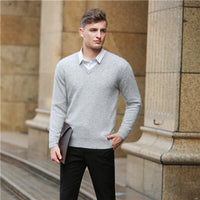 HLICYUM - Original Mink Cashmere Sweater Men Long Sleeve Pullovers Outwear Man V-Neck Sweaters Tops Loose Solid Fit Knitting Clothing 9 Colors New