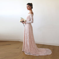 BLUSHFASHION - Original Baby Pink Off-The-Shoulder Dress With Train #1148