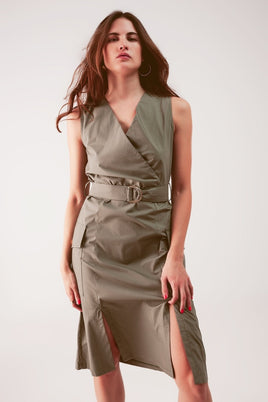 Q2 - Original Wrap Dress With Tie Waist Detail in Khaki