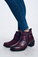 Original Maroon Blocked Mid Heeled Ankle Boots With Round Toe