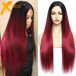 X-Tress Synthetic Lace Part Wig for Black Women Ombre Red Colored Long 28Inch Soft Straight Natural Hair Wigs Natural Looking