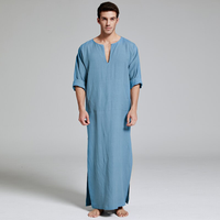 Mens Natural Linen Cotton Ultra Long Floor Length Robes Bathrobes Lounge Wear Casual Kaftan Thobe v Neck Long Gown Caftan Tunic