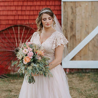 BLUSHFASHION - Original Fairy Blush Wrap Wedding Dress, Butterfly Sleeves and Puffy Tulle #1293