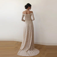 BLUSHFASHION - Original Champagne Off-The-Shoulder  Dress Train  #1148