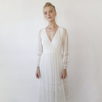 BLUSHFASHION - Original Bestseller Ivory Wrap Lace Wedding Dress With Chiffon Mesh Sleeves #1352