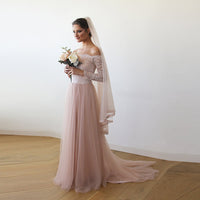 Original Pink Off-The-Shoulder Lace & Tulle Train Dress #1162