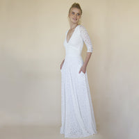 BLUSHFASHION - Original Empire Waist Maxi Dress ,Bohemian V-Neckline ,Ivory Wedding Dress  #1366