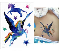 New Cartoon Blue Unicorn Fairy Tales Temporary Tattoo for Children Kids Waterproof Flash Tattoo Sticker Girl Baby Body Art Horse