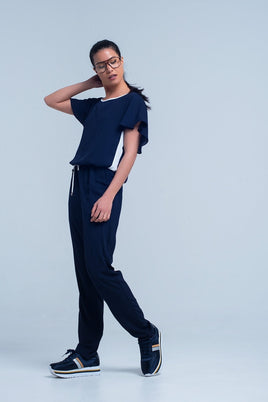 Q2 - Original Navy Blue Jumpsuit With Short Sleeve and Ruffle Detail