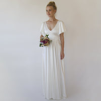 BLUSHFASHION - Original Minimalist, Elegant Satin Butterfly Sleeves Ivory Wedding Dress #1349