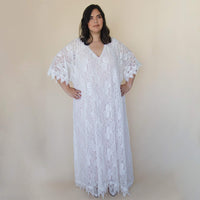 BLUSHFASHION - Original Curvy  Lace Blushed Ivory Bridal Kaftan ,Bat Sleeves Lace Wedding Dress #1312