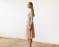 BLUSHFASHION - Original Short Wedding Dress ,Pink Off-The-Shoulder Floral Lace Long Sleeve Midi Dress #1149