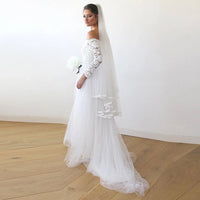 BLUSHFASHION - Original Ivory Off-The-Shoulder Lace & Tulle Train Dress #1162