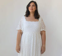 BLUSHFASHION - Original Curvy Ivory Square Neckline, Bohemian Butterfly Sleeves Dress #1322