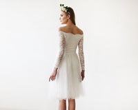 Original Short Wedding Dress ,Off-The-Shoulder  Lace and Tulle Midi Dress  #1156