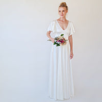 BLUSHFASHION - Original Minimalist, Elegant Satin Butterfly Sleeves Ivory Wedding Dress #1349