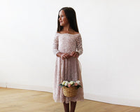 BLUSHFASHION - Original Off-The-Shoulder Pink Lace Midi Girls Dress #5042