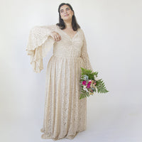 BLUSHFASHION - Original Champagne Lace Flare Sleeves Wedding Dress #1329