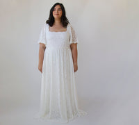 BLUSHFASHION - Original Curvy Ivory Square Neckline, Bohemian Butterfly Sleeves Dress #1322