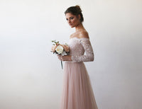 Original Pink Off-The-Shoulder Lace & Tulle Train Dress #1162