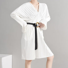 MARIGOLDSHADOWS - Original Sakiya Pleated Long Sleeve Shirt Dress - White