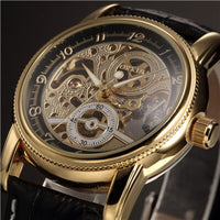 Men Wrist Watches Luxury Golden Skeleton Mechanical Steampunk Male Clock Automatic Wristwatch Leather Strap Herren Horloges