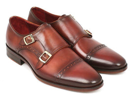 Paul Parkman Men's Cap-Toe Double Monkstraps Camel & Light Brown (ID#0457-CML)