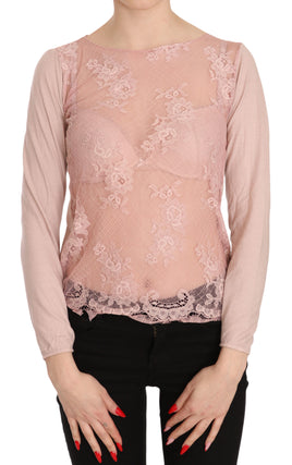 Top a maniche lunghe in pizzo rosa con camicetta-IT42/S