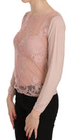 Top a maniche lunghe in pizzo rosa con camicetta-IT42/S