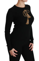 Maglione pullover con nappe dorate in lana nera-IT38/XS