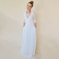 BLUSHFASHION - Original Empire Waist Maxi Dress ,Bohemian V-Neckline ,Ivory Wedding Dress  #1366