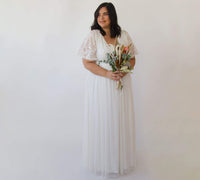 BLUSHFASHION - Original Curvy  Ivory Butterfly Sleeves, Lace Bohemian Wedding Dress With Mesh Chiffon #1321