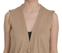 Gilet Top Cardigan Senza Maniche Marrone 100% Cotone-IT44/L