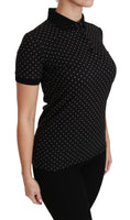 Polo nera con colletto a pois Top in cotone-IT38/XS