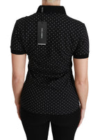 Polo nera con colletto a pois Top in cotone-IT38/XS