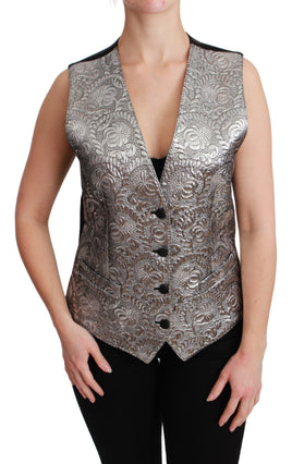 Top metallizzato senza maniche in broccato argento-IT40/S