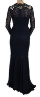 Abito lungo in pizzo floreale di cristallo blu Dress-IT38/XS