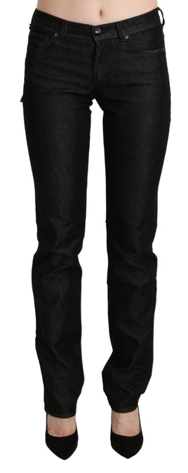 Pantaloni neri skinny slim in denim a vita media-W28