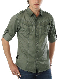 ZIMEGO Men's Stretch Roll-Up Sleeve Color Washed Vintage Rugged Fashion Button Shirts